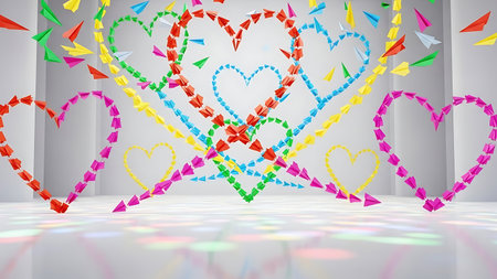 Colorful heart shapes made of small beads in a festive celebrationの素材