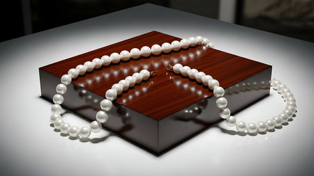 Elegant white pearl necklace draped over a dark wooden display boxの素材