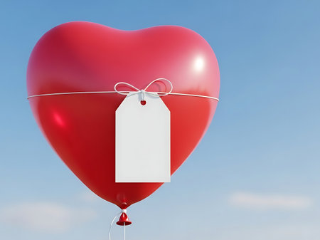 Red heart balloon with blank white tag floating against blue skyの素材