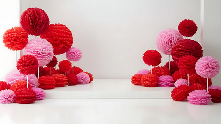 Red and pink paper honeycomb pom pom decoration for partyの素材