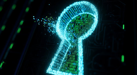 Digital keyhole made of glowing binary code on dark backgroundの素材
