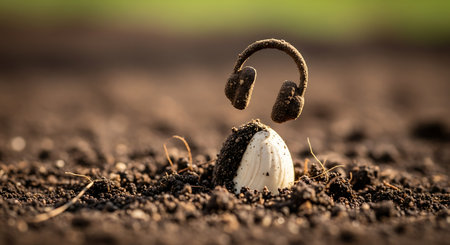 Small seed sprouting from soil wearing tiny headphonesの素材