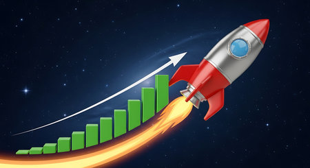Rocket launch over rising bar chart symbolizing business growth and successの素材