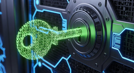 Digital key made of binary code unlocking a secure server lockの素材