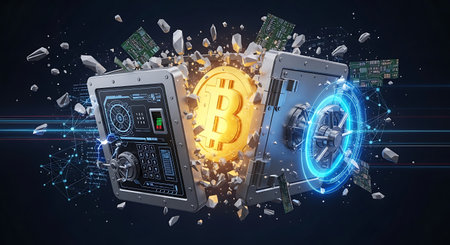Bitcoin emerging from exploding digital safe with glowing blue ringの素材