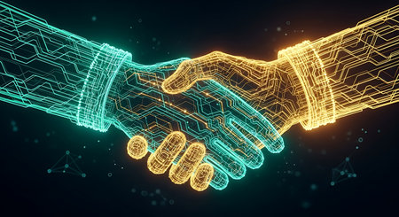 Digital handshake of two glowing wireframe hands in technology conceptの素材