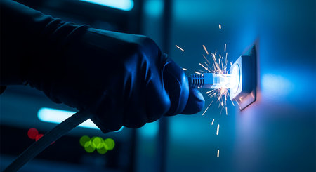Hand plugging in ethernet cable causing electrical spark in dark server roomの素材