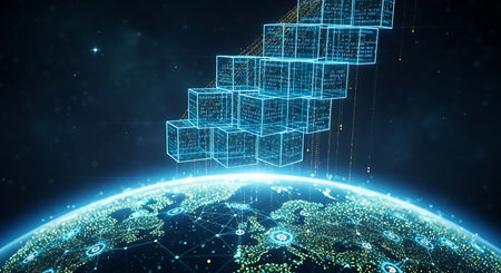 Digital data cubes ascend from the illuminated earth into spaceの素材