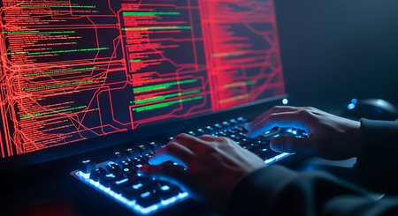 Hacker typing on glowing keyboard with red code on screenの素材