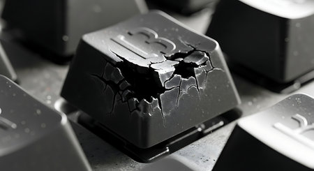 Closeup of a broken, cracked black computer keyboard keycapの素材