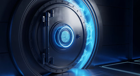 Futuristic bank vault door with glowing blue biometric fingerprint scannerの素材