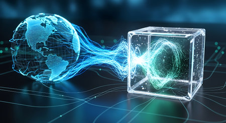 Digital data transfer from glowing earth globe to abstract cubeの素材