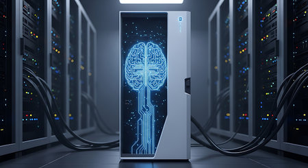 Artificial intelligence server in a dark data center with glowing brainの素材