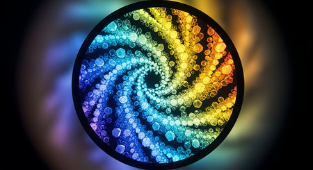 Vibrant rainbow spiral pattern in a dark circular frame abstractの素材