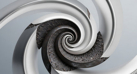 Abstract spiral design with dark textured center and white curveの素材