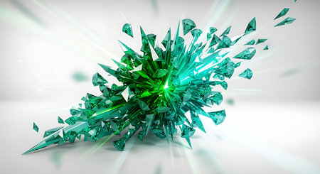 Abstract green crystal explosion with bright light effect isolated on white backgroundの素材