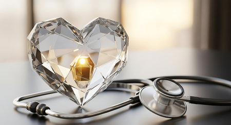 Crystal heart shape next to a stethoscope symbolizing heart healthの素材