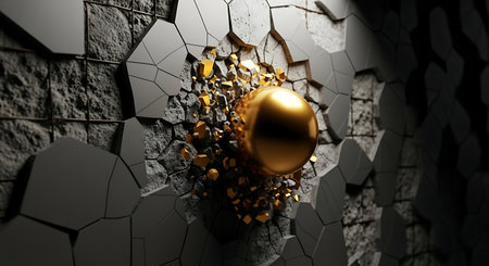 Golden sphere breaking through a dark concrete wall with debrisの素材