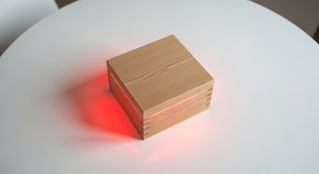 Small wooden cube object with glowing red light emanating from sideの素材