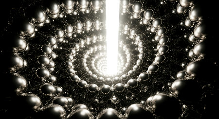 Abstract tunnel of reflective chrome spheres leading to bright lightの素材