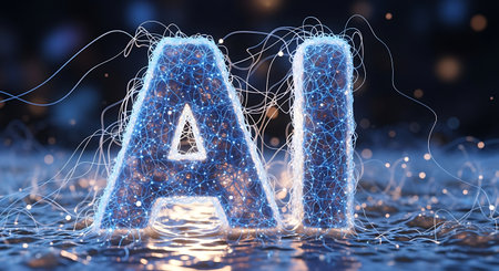 Glowing blue ai letters emerging from a digital, abstract surfaceの素材