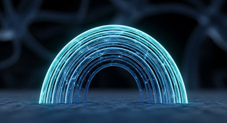 Abstract glowing blue energy shield or portal structure in dark spaceの素材