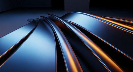 Abstract futuristic chrome surface with glowing orange light linesの素材