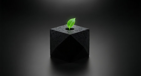 Small green sprout growing from a dark geometric planter on blackの素材