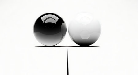 Black and white sphere balancing on a thin line isolated on white backgroundの素材