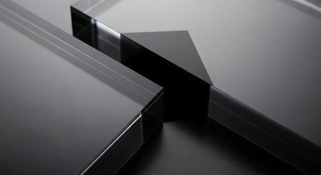 Abstract closeup of sharp geometric shapes made of dark materialの素材