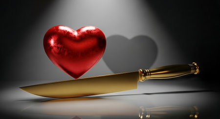 Shiny red heart pierced by a golden serrated knife in darkの素材