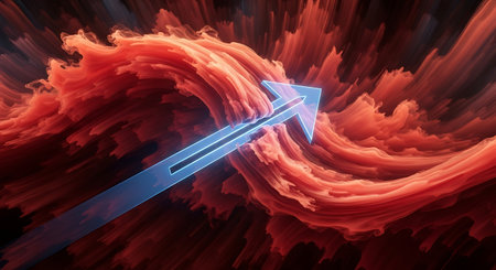 Glowing blue arrow pointing up through abstract red fiery waveの素材