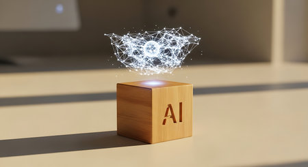 Wooden cube with ai inscription projecting a digital network hologramの素材