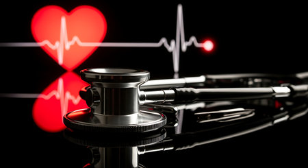 Stethoscope resting in front of a glowing red heart and ekgの素材