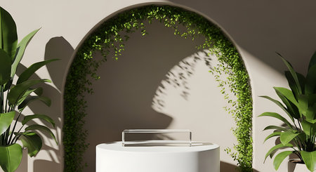 Minimalist podium display with arch and green plant decorationの素材