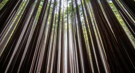 Looking up at towering redwood trees with sunlight streaming through canopyの素材