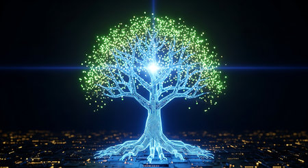 Digital glowing tree of life structure with blue and green lightの素材