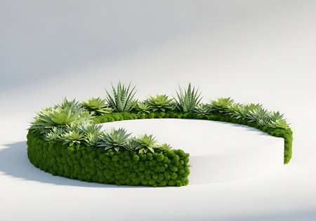 Curved green moss hedge with succulent plant display isolated on white backgroundの素材