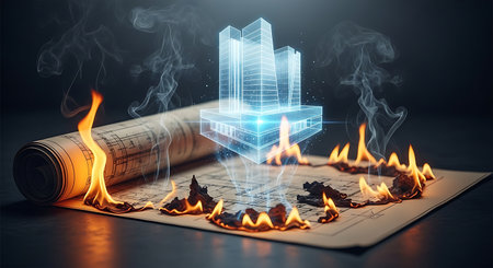 Holographic city projection rising from burning blueprint documentの素材