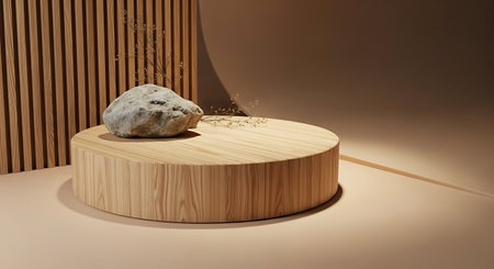 Stone on a round wooden podium for product display in studioの素材