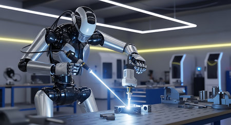 Advanced humanoid robot performing precise laser welding in factoryの素材