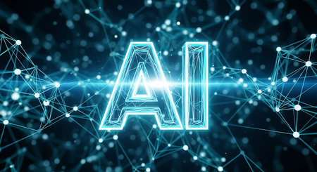Glowing 3d ai text in a digital network of connected data pointsの素材