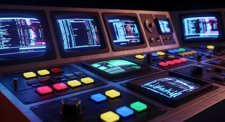 Close up of a futuristic control panel with glowing screens and buttonsの素材