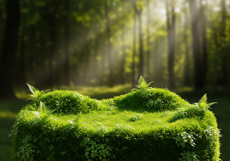 Lush green mossy pedestal in sunlit forest with sun raysの素材
