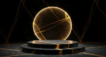 Abstract glowing sphere with golden kintsugi cracks on black pedestalの素材