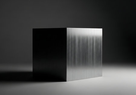 Abstract metallic cube with brushed surface in dramatic lightingの素材