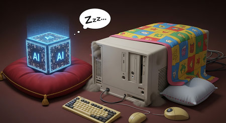 Sleeping old computer with glowing ai cube resting on pillowの素材