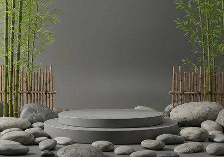 Minimalist podium display with bamboo and stone in zen styleの素材