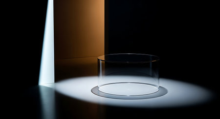 Glass cylinder pedestal illuminated by spotlight on dark backgroundの素材