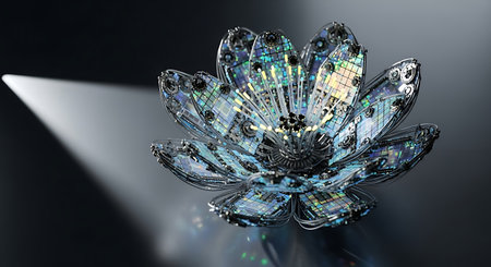 Futuristic digital flower made of circuit board material under lightの素材